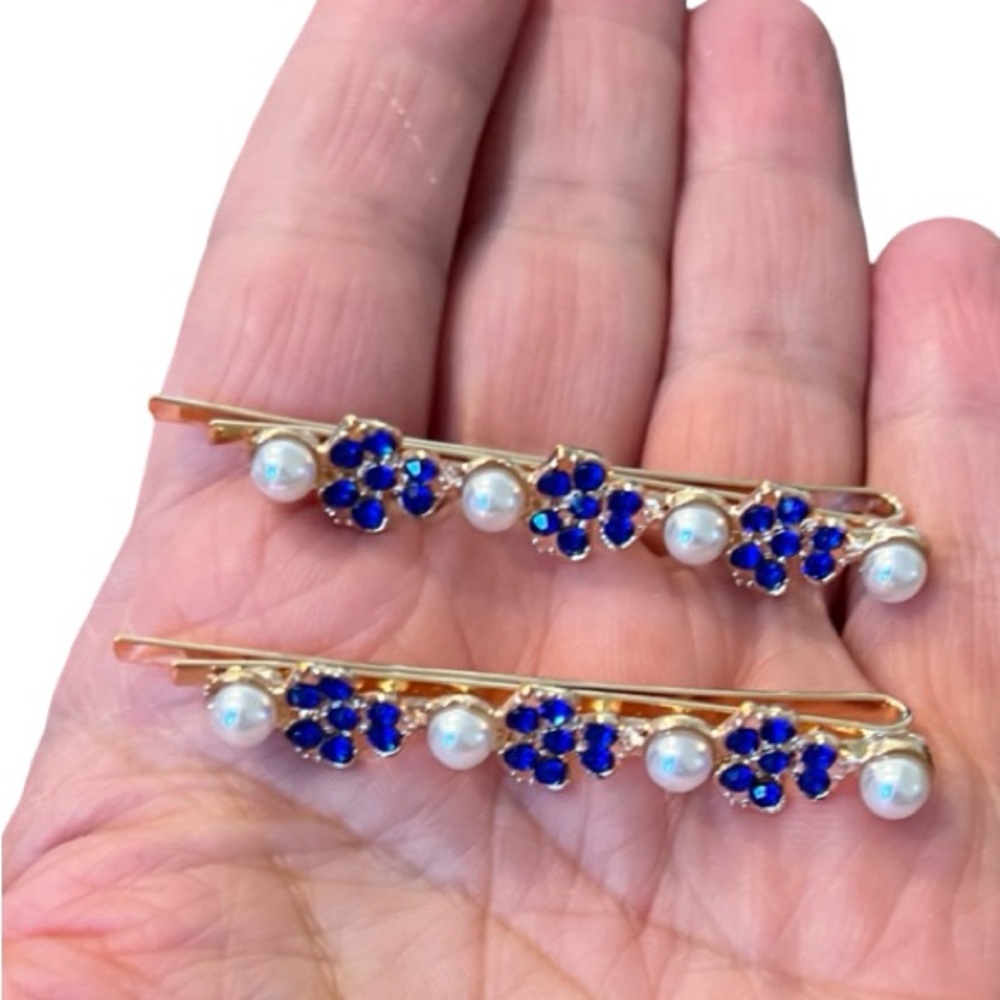 Elegant Blue Crystal Rhinestone Pearl Gold Floral Hair Clips 2.5”